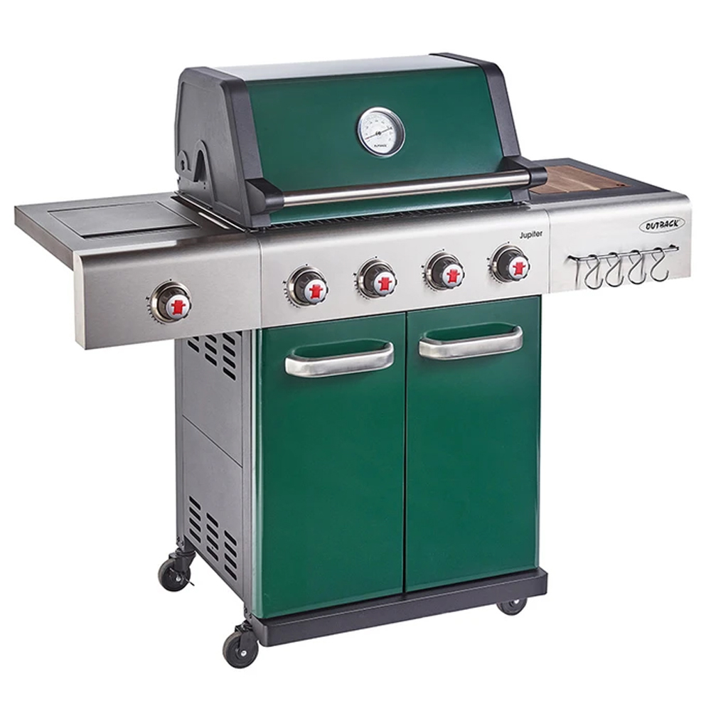 Image of OUTBACK Jupiter 4 Burner Gas Hybrid BBQ in Green with Chopping Board